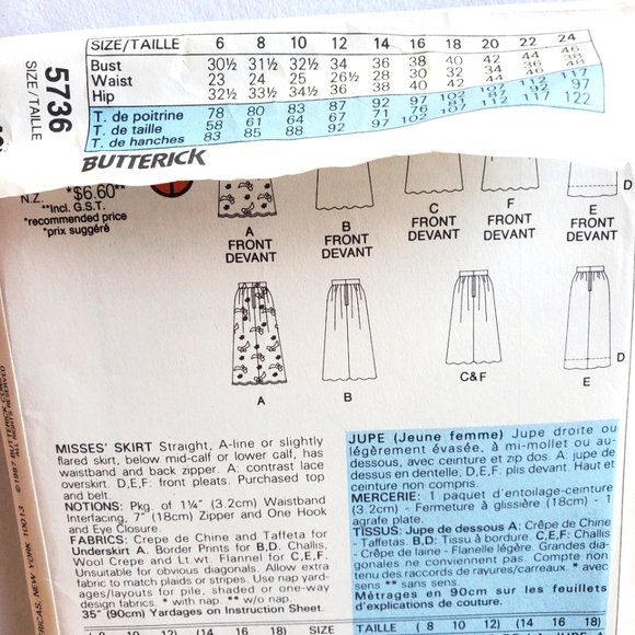 1987 UNCUT Butterick A-line Midi Skirt Classics Pattern 5736 - Picture 4 of 5